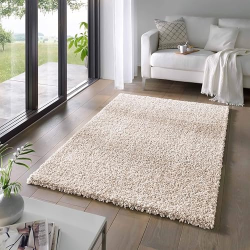Taracarpet Shaggy Teppich Wohnzimmer Venezia Hochflor Langflor Teppiche modern Creme 140x200 cm