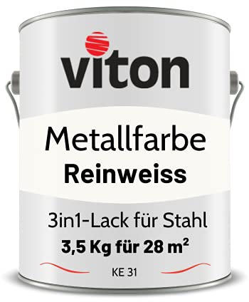Viton Metallfarbe in Weiss - 3,5 Kg Metall-Schutzlack Seidenmatt - Dauerhafter Schutz & hohe Beständigkeit - 3in1 Grundierung & Deckfarbe - Metalllack direkt auf Rost - KE31 - RAL 9010 Reinweiss