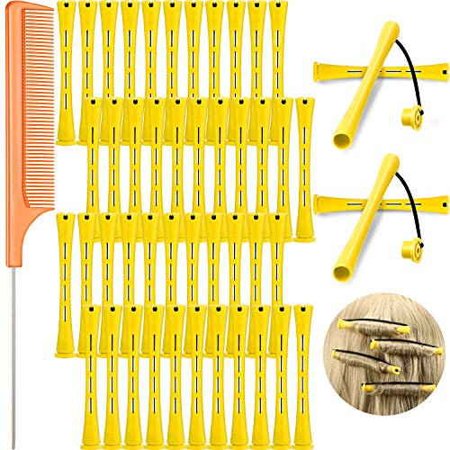 48 Stücke Haarwelle Stangen, Kalt Wellenstangen Kunststoff Perming Stangen Hitzefreie Haar Lockenwickler mit Stahl Rattenschwanz Kamm Spießkamm (Gelb und Orange, 0,28 Zoll/ 0,7 cm)