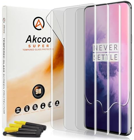 Akcoo Schutzglas für OnePlus 7/7T Pro,UV-Kleber-Set [3 Stück],Kratzer Reparieren,Rand zu Rand Vollabdeckung,Fingerabdruck-ID Kompatibel,Empfindliche Berührung