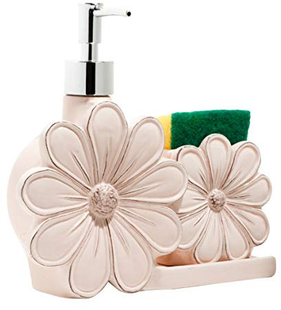BARONI Dosatore Sapone Dispencer in Ceramica Rosa Antico a Forma di Fiore con Porta Spugna, Dispenser per Sapone Liquido e Spugna, 22X6X20 cm