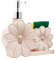BARONI Dosatore Sapone Dispencer in Ceramica Rosa Antico a Forma di Fiore con Porta Spugna, Dispenser per Sapone Liquido e Spugna, 22X6X20 cm