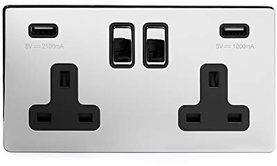 Soho Lighting Polished Chrome 2 Gang Double 3.1 Amp USB Plug Socket Black Insert Screwless