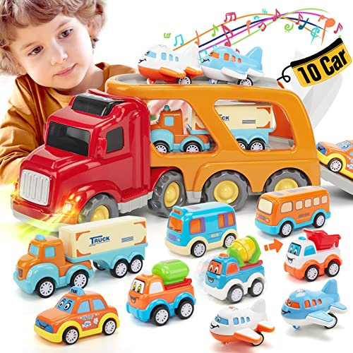 hahaland Auto Spielzeug ab 3 4 5 Jahre, LKW Spielzeug mit Licht und Musik, 10 in 1 Cars Transporter Set Kinderspielzeug, Spielzeugauto Geschenk für Kinder ab 3 4 5 Jahre Junge Mädchen