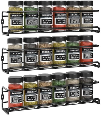 Vinsani 1/2/3/4/5/6 Tier Spice Racks Organiser - 3 Tier Flexible Herb Spices Condiments Jar Wall Mounted Hanging Storage with Adhesive Stickers & Screws For Pantry Kitchen Walls (Black)