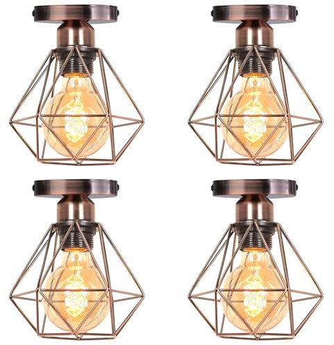 TOKIUS Deckenlampe 16CM Vintage Deckenleuchte im Industrial Design Retro E27 Lampe aus Eisen Geometrisch Käfig Pendelleuchte, Kupferrost (4 Stücke)