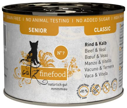 catz finefood Senior N°07 Rind & Kalb Katzenfutter nass - Premium Nassfutter für Ihre Senior Katze - getreidefrei, ohne Zucker, hoher Fleischanteil, Vitamine & Mineralien (6 x 200g Dose)
