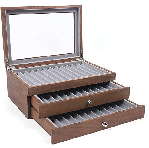 JAYEUW Stift-Display-Box mit Schublade 34 Slots Walnuss Holz Organizer Box für Füllfederhalter, Kugelschreiber Lagerung, hohe Widerstandsfähigkeit Aufbewahrungsbox mit Deckel, abschließbare Vitrine mi
