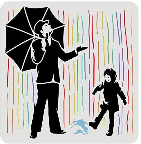 FINGERINSPIRE Banksy Schablone Mann und Regen 30x30cm Mann unter dem Regenschirm und Kind Muster Zeichnung Dekoration Schablone für Malerei auf Wand, Möbel, Holz, Papier, Heimdekoration