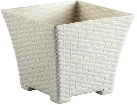 Acan Tradineur - Maceta Rattan Cuadrada de Plástico - Fabricado en España - Ideal para Plantas, hogar, jardín y terrazas - 25 cm - Color Blanco Marfil