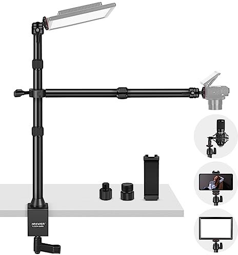 NEEWER Tisch Kamerastativ mit 2 Teleskopauslegern, Telefonhalter, Kugelköpfe, Schraubadapter, Tischleuchtenstativ für Kamera, Handy, Webcam, Ringlicht, TL253A+DS001