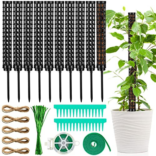 10 Set Plastic Moss Poles for Climbing Plants Indoor Stackable Self Watering Hollow Monstera Plant Support, Moss Not Included(Black)