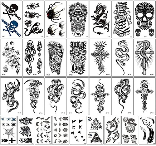 30 Feuilles Tatouage Temporaire,Imperméable Faux Tatouage Autocollant,Tatouage Temporaire pour Corps Bras Poitrine épaule,pour Hommes/Femmes/Filles/Enfants Hallowee (Noir)