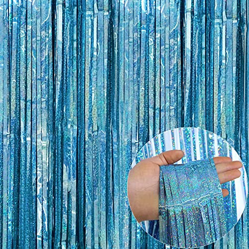 Amokee Hellblau Lametta Vorhänge Hintergrund, 2 x 2.5m Selbstklebende Folien Fransen Lamett, Metallic Folien Party Hintergrund Dekoration für Geburtstagsfeier Hochzeitsfoto Hintergrund Abschlussball