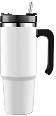 YsinoBear Gobelet avec paille, couvercle et poignée, en acier inoxydable, anti-fuite, isolation sous vide pour boissons chaudes et glacées, tasse haute capacité de 890 ml (blanc/890 ml)