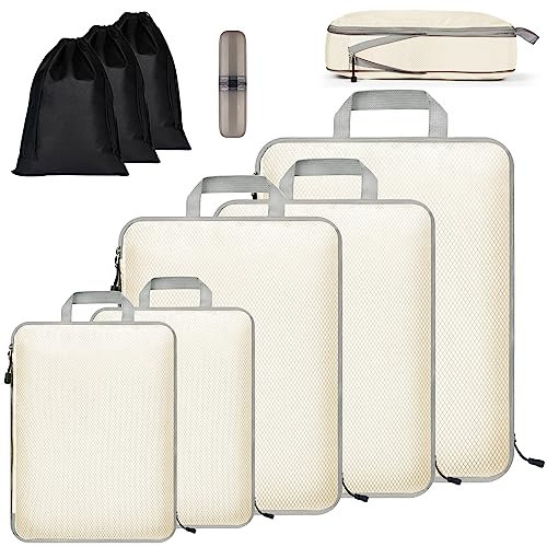 Eucomir Koffer Organizer Set 9Pcs,Packing Cubes Wasserdichte Reise Kleidertaschen,Verpackungswürfel,Erweiterbare Packtaschen,Gepäck Organizer für Reisen oder Zuhause,Weiß