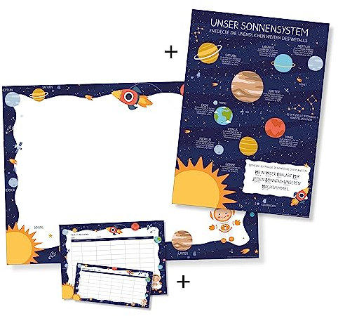 Set mit Schreibtischunterlage DIN A2 + Stundenpläne (5x DIN A4 + 5x Federmäppchengröße) + Plakat DIN A2 | 1 Set | Papier | Kinder Geschenk Malen Schreiben Lernen (Weltall-Set)