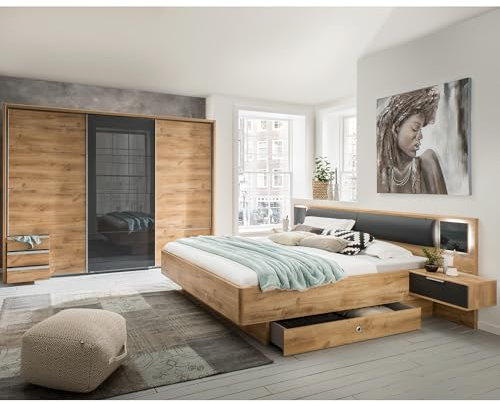 Lomadox Schlafzimmer-Set mit 180x200 cm Doppelbett & 273 cm Schwebetürenschrank, 4-teilig, mit Glasschwebetür, Kopfteilpolster & beleuchteten Glaspaneelen