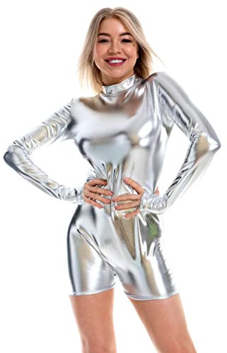 Metallic Ballettanzug Stretch Glitzer Body Bodys Schwarz Turnanzug Bodysuit Sexy Langarmbody Lack Leder Jumpsuit Rot Gymnastikanzug Tanz-Kostüm Catsuit für Karneval Party Frauen