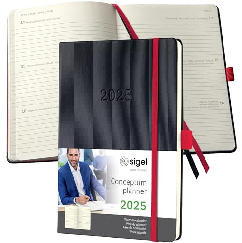 SIGEL C2508 Wochenplaner Wochenkalender 2025, ca. A5, schwarz, rot, Hardcover, 192 Seiten, Gummiband, Stiftschlaufe, Archivtasche, aus nachhaltigem Papier, Conceptum