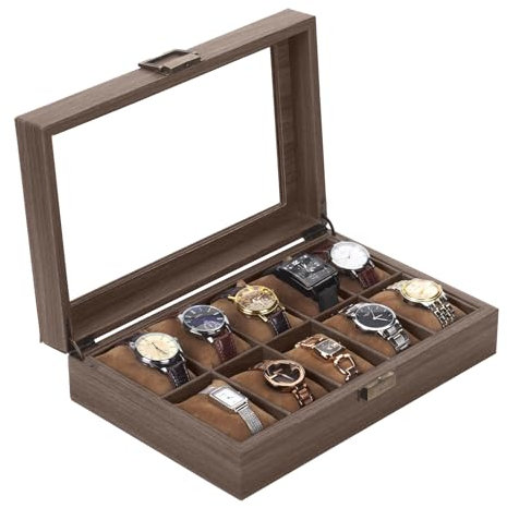 CeiBand Uhrenbox Holz Mit 10 FächernUhren, Displaybox Aufbewahrungsbox Uhrenkasten Uhrenkissen Uhrentruhe PU Leder für Glasdeckel Uhren Aufbewahrungaus Tolles Geschenk für Die Liebsten(33*21.5*8.5cm)