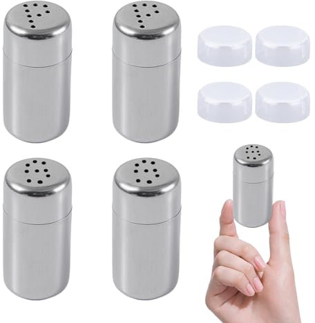 MisFun 4 Pezzi Saliera da Tavola, Porta Sale, Saliera e Pepiera, set Porta Sale e Pepe in Acciaio Inox, con Coperchio, Foro, 45 x 25 mm, per Grigliate All'aperto e Cucina Spezie Domestiche