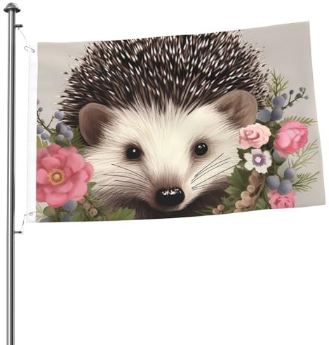 Igel im Blumenkranz, Flagge, 60 x 90 cm, für den Außenbereich, langlebig, Hausflaggen mit Ösen, dekorative Flaggen, großes Urlaubsbanner für Außen- und Innenbereich, Party, Heimdekoration