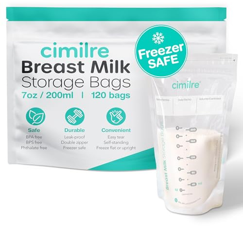 Breast Milk Storage Bags by Cimilre, Leak-Proof Breastmilk Storage Bags, Freeze Flat or Standing, 7 oz. Bags (120 Pack)