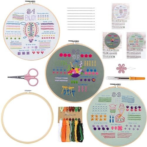 Stickerei Set Für Anfänger,3 Sets Stickerei Kit für Erwachsene, Lernen 33 Verschiedene Stiche DIY-Kits, Enthält Gestempelt Blume Muster, Bambus Reifen, Farbfäden, Werkzeuge, Anleitung