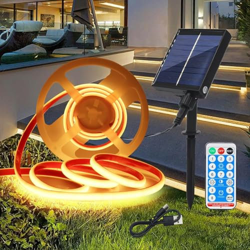 Wisada 12V Solar Dimmbare COB Neon Streifen Selbstklebend, 8 Modi Lichtband Außen IP68 Lichterkette, 5M 320LEDs/m Superheller Warmweiß COB LED Strip Cuttable LED Band für Terrasse, Innenhof