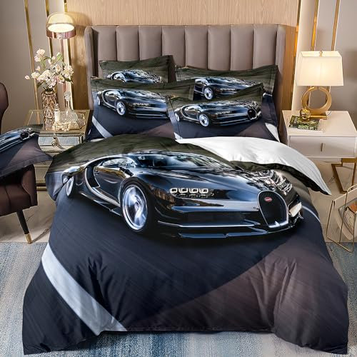 Bettwäsche 155x220 Kinder Luxus Auto Motiv Bettbezug Set 3-teilig Microfaser 3D Druck Sportwagen Rennwagen Supercar Motiv Modern Bettbezügen + 2 Kissen 80x80 cm Mit Reißverschluss Eckbänder