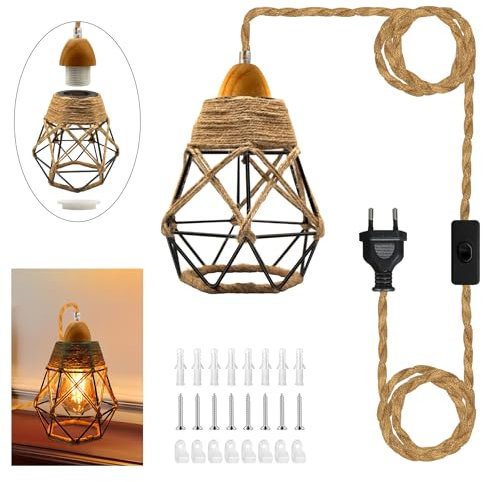 Industrielle Hanfseil Hängelampe mit Stecker, E27 Retro Lampenfassung mit Kabel 510cm, Vintage Pendelleuchte Kit mit Schalter, Schwarz Metall Hängeleuchte Lampenschirm, DIY Lampenbausatz für Studio