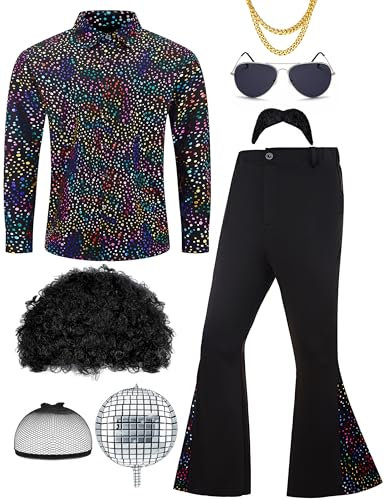 Ragelion Herren 70er Jahre Outfit Retro Disco Kostüm Set Männer Hippie Kostüm Hemd und Schlaghosen für Karneval oder Mottoparty