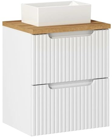Lomadox Badezimmer Waschtisch 50cm mit Keramikwaschbecken, weiß und Eiche mit gerillter Front