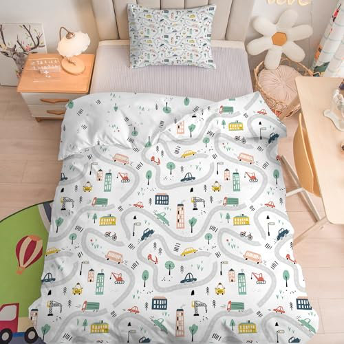 Linfye Kinderbettwäsche 100x135 cm Baby Bettwäsche Set Weißer Autojunge Weich Bettbezug 2 Teilig mit Reißverschluss - Farbmuster Kinder Bettbezüge 100 x 135 cm + 1 Kissenbezug 40x60 cm