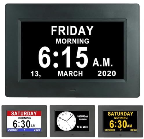 VHV 7 Pouces LCD Horloge Numérique Calendrier avec Date Jour Et Heure Horloge Non-Abrégée Auto Dimming 8 Langues HD Display Rappel pour Alzheimer Les Personnes âgées et Les Enfants (Noir)
