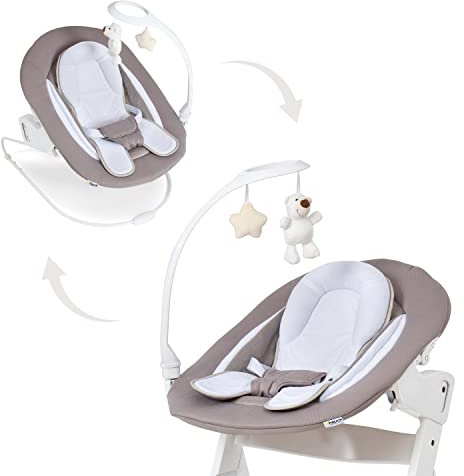 hauck Alpha Bouncer Deluxe, Sand - Baby Seat with Toy Bar for Alpha+ Wooden Highchair with 3-Point Hip Harness, Bouncing Frame & Seat Reducer, from Birth up to 9 kg