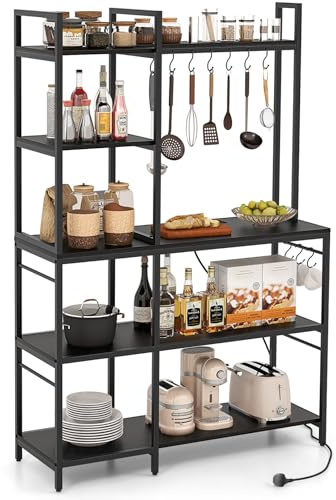 COSTWAY Kitchen Baker’s Rack, 5-Tier Microwave Oven Stand with Power Outlets, 10 S-Shaped Hooks, Adjustable Foot Pads & Anti-Toppling Device, Free Standing Utility Storage Shelf (Black)