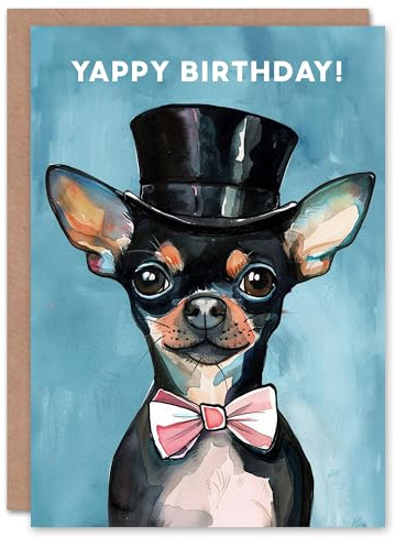 Artery8 Cute Yappy Chihuahua Dog Lover Top Hat Portrait Blank For Him Or Her Art Birthday Card