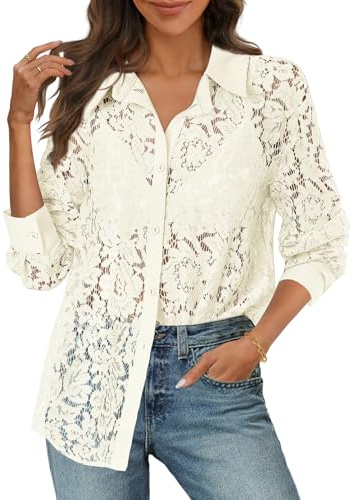 MEROKEETY Women's Lace Long Sleeve Tops Dressy Casual Blouse Button Down Sheer Elegant Summer Shirts, Beige, Medium