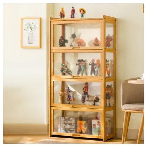 HBOOMOEM Vitrine，NatüRlicher Bambus Rahmen Vitrine，Versiegelt Und Staubdicht Vitrine，Curio-Schrank Mit AcryltüRen，Sammelregale for Charakterartikel Und GroßRaumvitrinen.(Wood,70*140cm/27.6*55.1in)