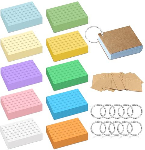 Rhimooay 500 Stück Karteikarten A8, 10 Farben Linierte Karteikarte, Vokabelkarten Lernkarten Flashcards mit 10 Binderinge und 20 Stück Kraftpapier für Unterwegs Vokabel Lernen