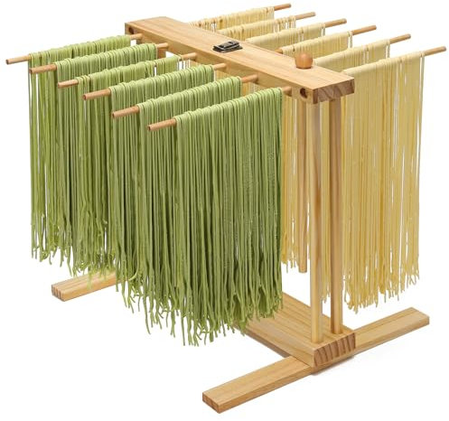 Talentree Collapsible Pasta Drying Rack, Wood Pasta Dryer Hanger Rack, Spaghetti Noodle Drying Hanging Rack Stand with 12 Bars and Transfer Wand, Foldable for Easy Storage