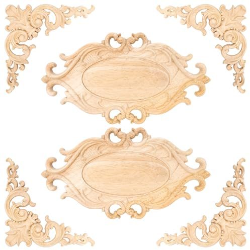 6 Stück Holzornamente für Möbel, Holz Ornamente Vintage Möbel Dekoration | 12×12 cm/26×15 cm, Holzverzierungen für Möbel für Tür, Schrank, Fenster, Schränke