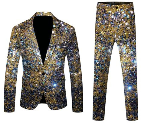 Herren Karnevals Anzug Set 3D Digitaldruck leichtes Business Anzug Jacken Hosen Set Verrückte Anzüge Goldener Karnevalsanzug Aufdruck Hose zweiteiliges Set Jogging Set Pailletten Sakko Gold Glitzer