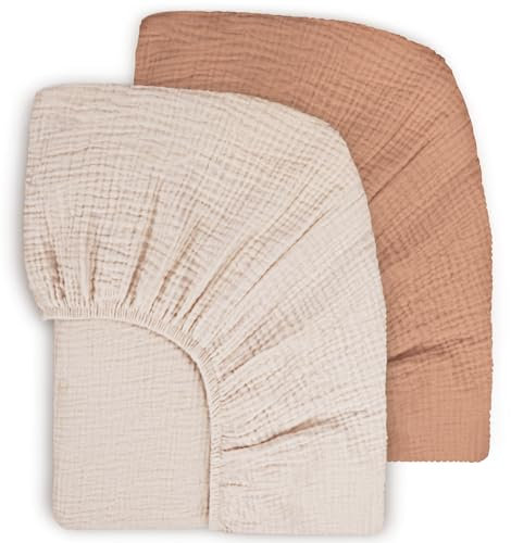 Susurration 100% Baumwolle Musselin-Spannbettlaken 2er Set Kinder Spannbettlaken,Baby-Bettlaken Reisebett Spannlaken Beistellbett Leintücher 60x120/70x140cm (Beige Farbene)