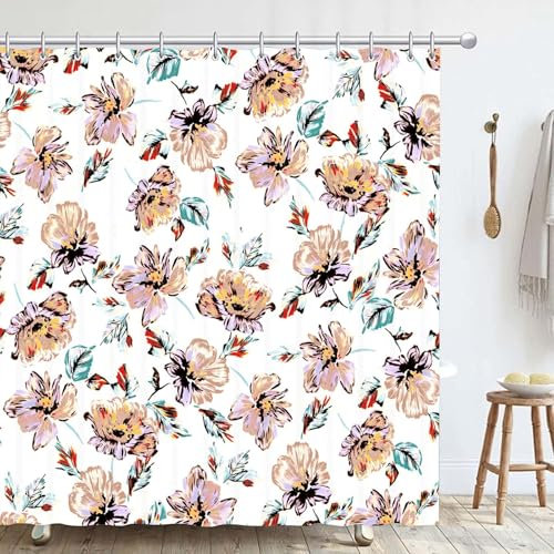 Hykiee Rideau Douche Floral 180 x180cm, Blanc Rétro Rural Bohemian Imperméable Anti Moisissure Polyester Shower Curtain, Plantes Décoratif Rideau de Bain Baignoire avec 12 Crochets pour Salle de Bains