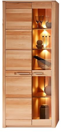 möbelando Stauraumvitrine >Nature One< in Kernbuche Teil-massiv FSC-Zertifiziert - Moderner Vitrinenschrank mit LED-Beleuchtung und viel Stauraum - 85 x 203 x 40 cm (B/H/T)