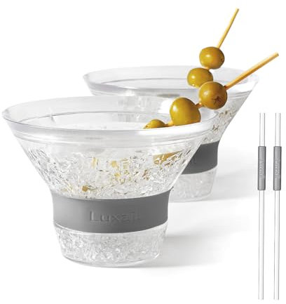 luxail Bicchieri da Martini, bicchieri da Martini in plastica riutilizzabili, isolati, refrigeratori in gel, set di 2 bicchieri da Martini senza stelo a doppia parete, colore grigio, capacità 260 ml,