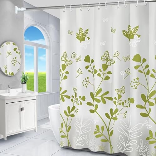 IGINOA Tenda da Doccia Antimuffa 180x200 Impermeabile di Plastica con Anelli Shower Curtain Motivo Floreale con Occhielli Colore Bianco Resistente alla Muffa Piante